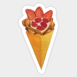 Bubble waffle ice cream cone with strawberries and raspberries watercolour painting Sticker